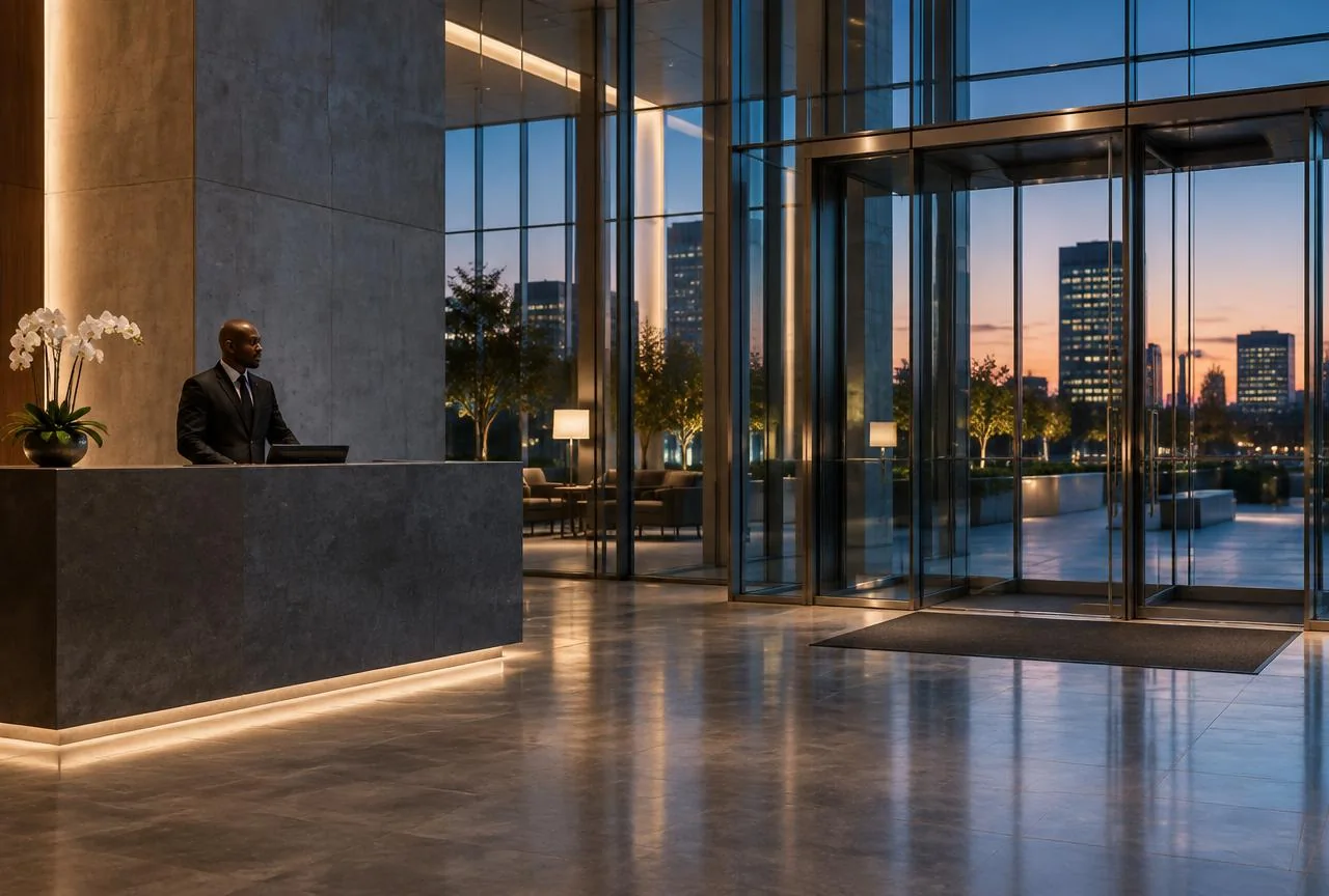 Contemporary business lobby at twilight