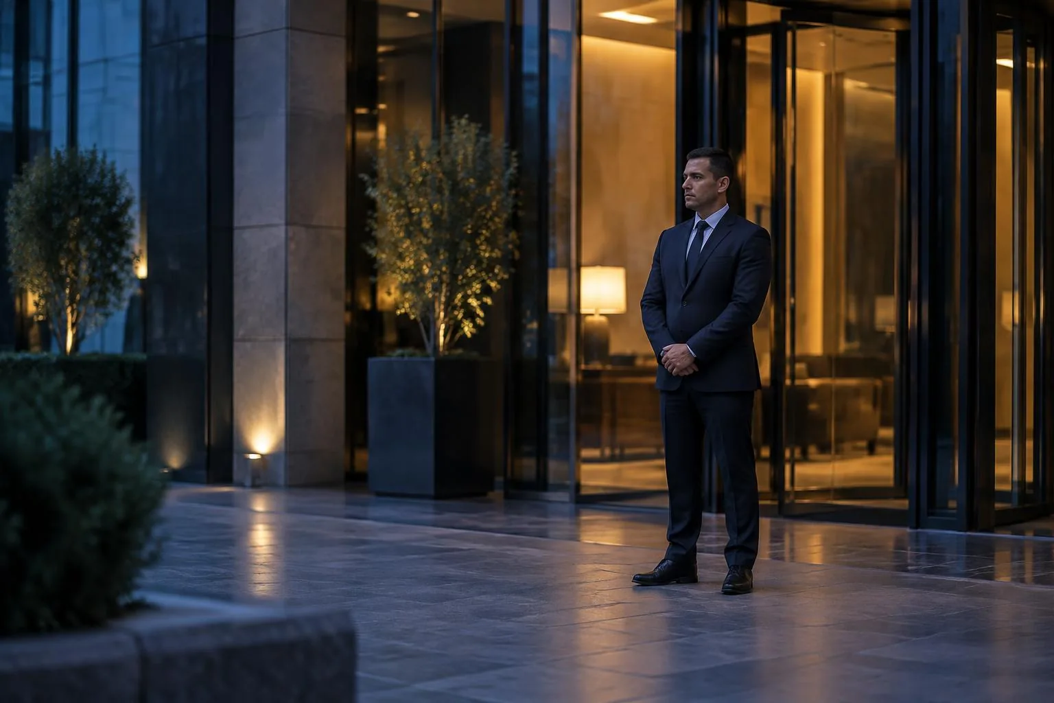 Professional security presence at a modern building entrance at dusk