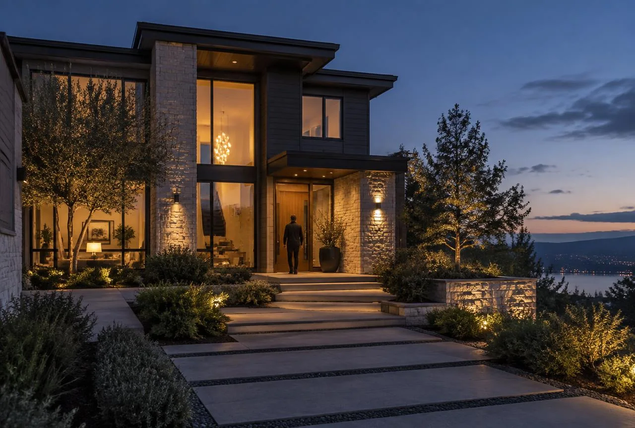 Residential property illuminated at dusk